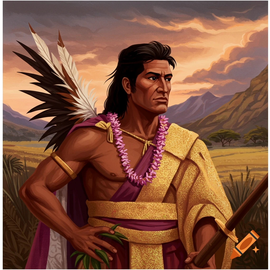 A man in traditional Hawaiian attire with a feathered cape and lei, holding a spear.