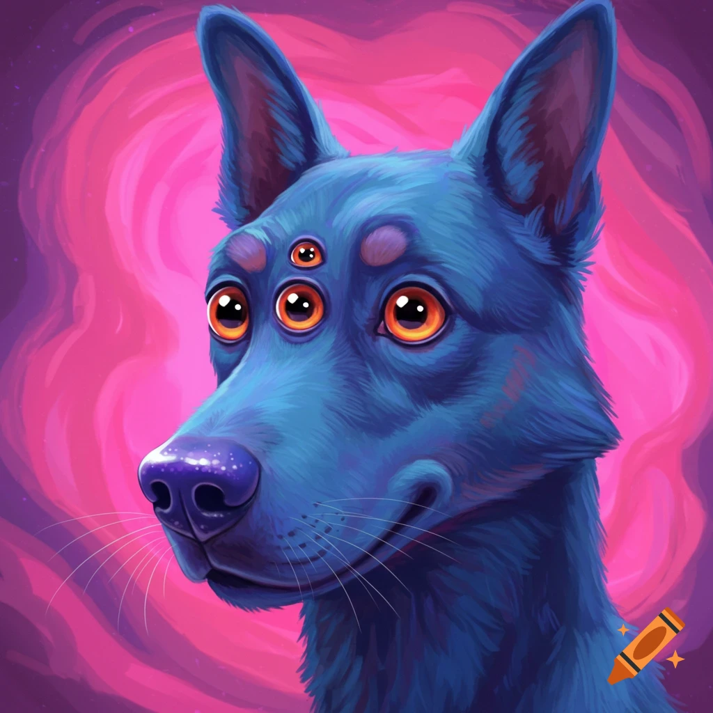 A blue dog with multiple eyes and an unusual nose against a swirling pink background.