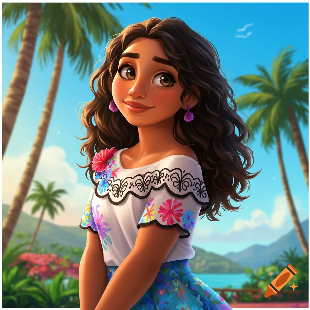 A girl in a traditional embroidered top in a tropical setting with palm trees.