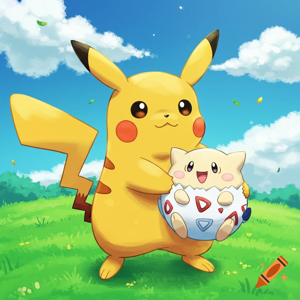 Pikachu holding Togepi in a grassy field under a cloudy sky, anime style.