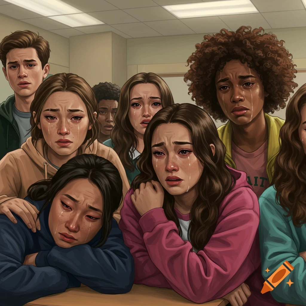 A group of diverse students crying in a classroom setting.