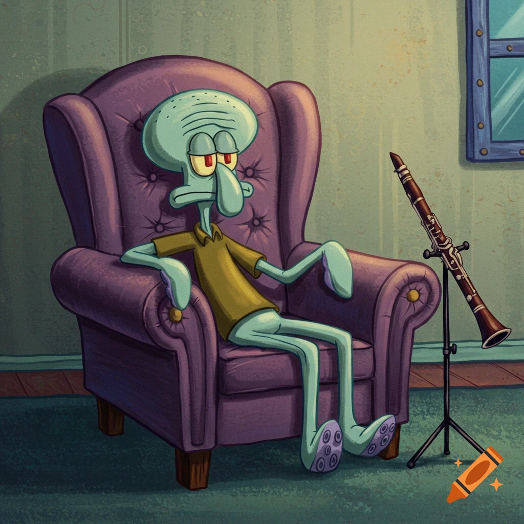 Squidward Tentacles sitting in a purple armchair next to his clarinet. on Craiyon