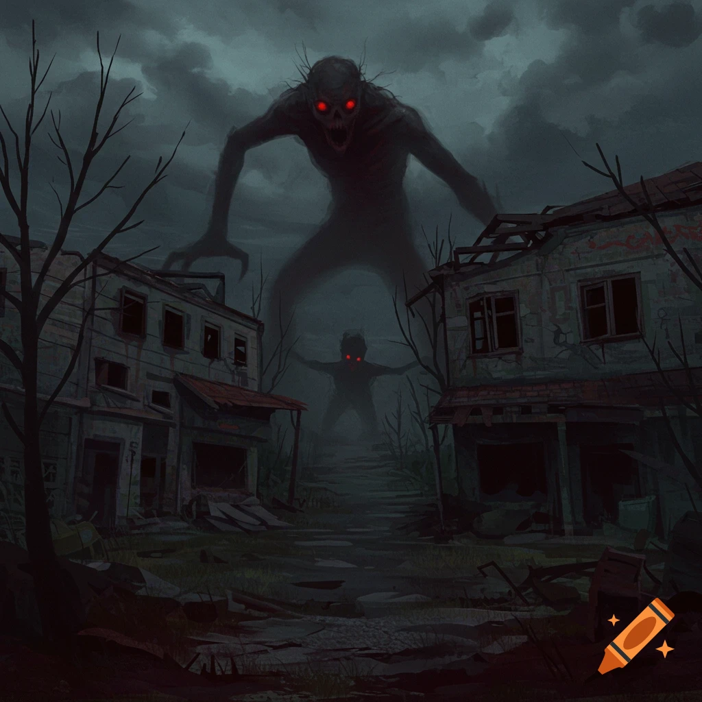 Shadowy, red-eyed creatures loom over ruined buildings in a dark, cloudy town.