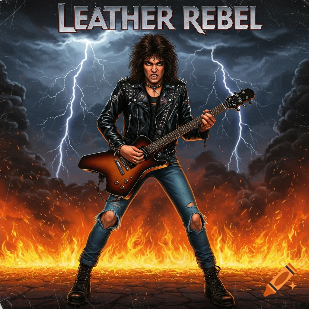 Illustration of a heavy metal guitarist playing during a storm with fire.