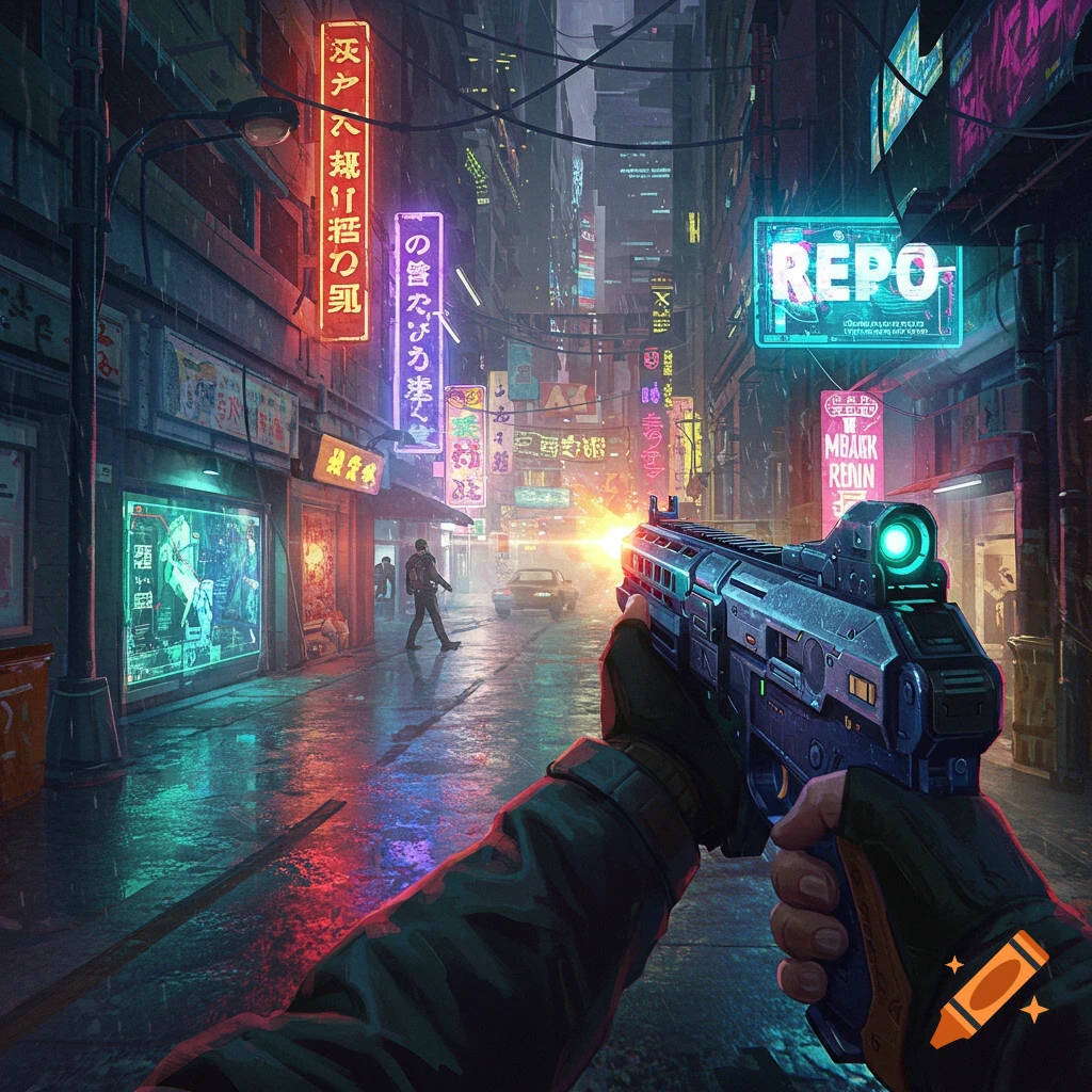 First-person view holding a futuristic gun, aiming down a wet street in a neon-lit cyberpunk city.