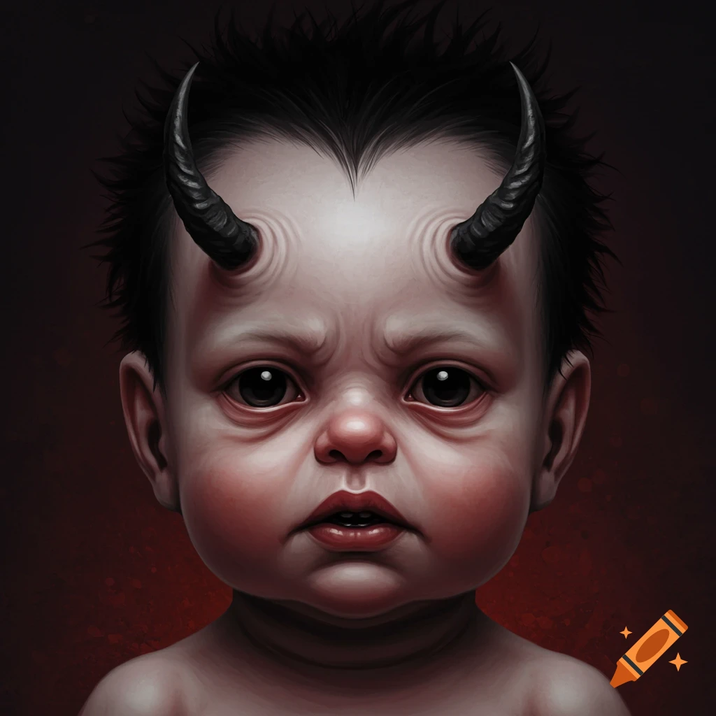 A dark image of a creepy infant with small horns and dark eyes.