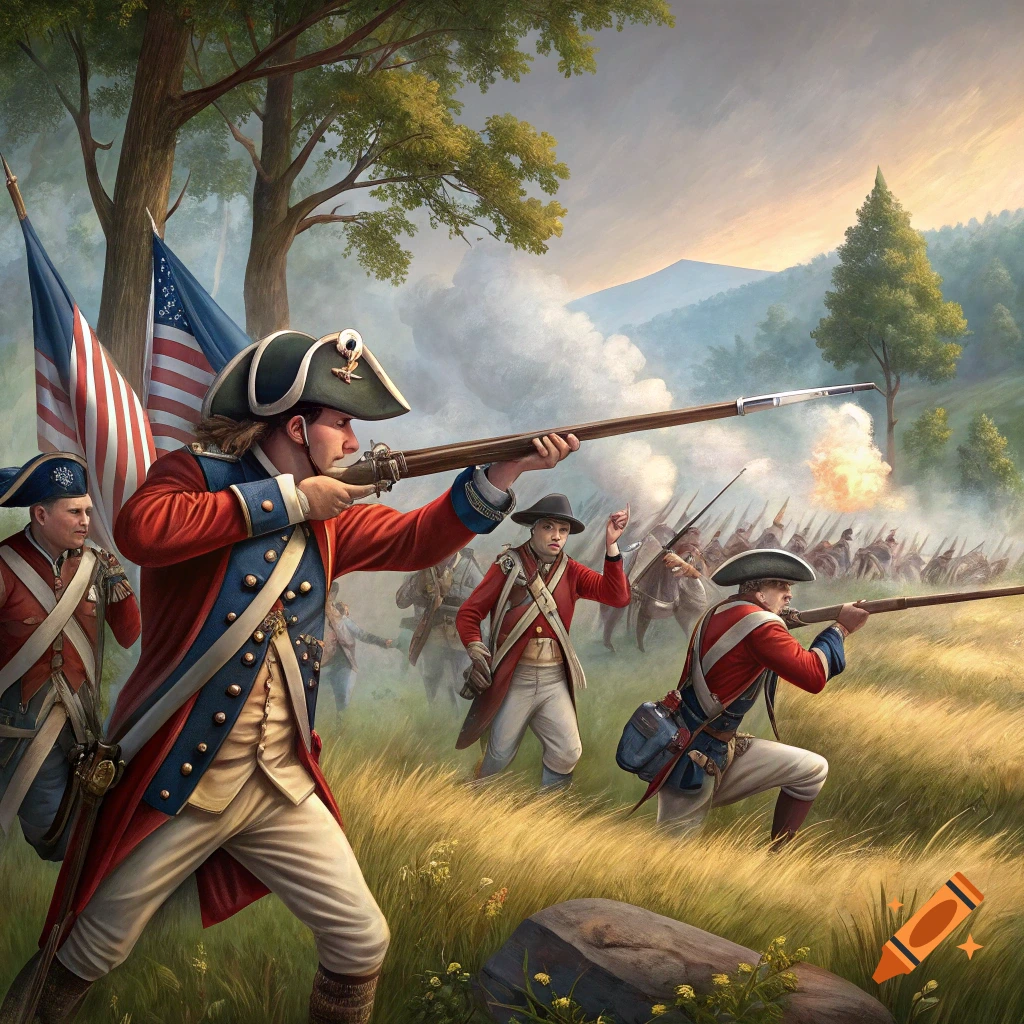 American Revolutionary War soldiers fire muskets during a battle in a field.