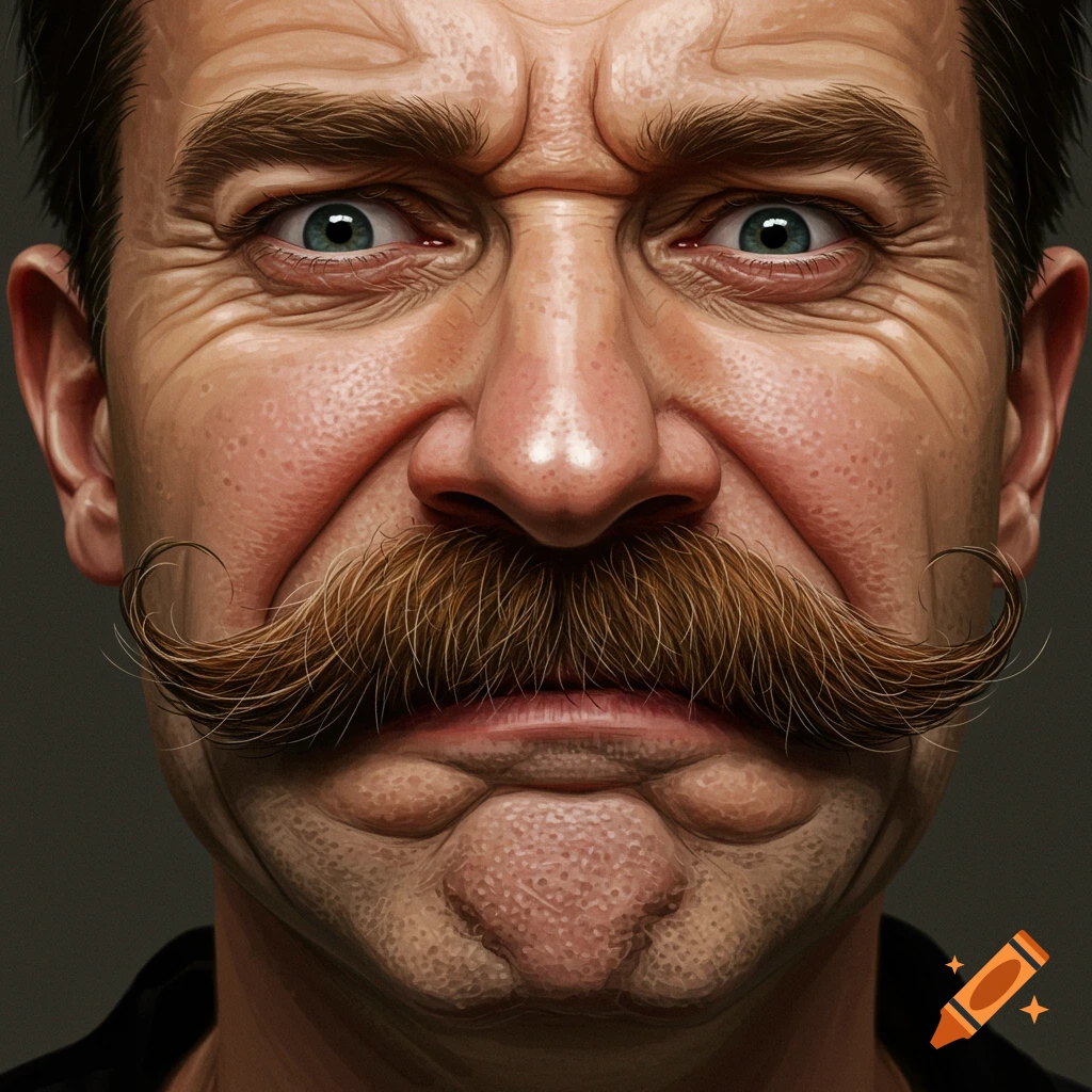 Close-up of a man with a large mustache looking uncomfortable.