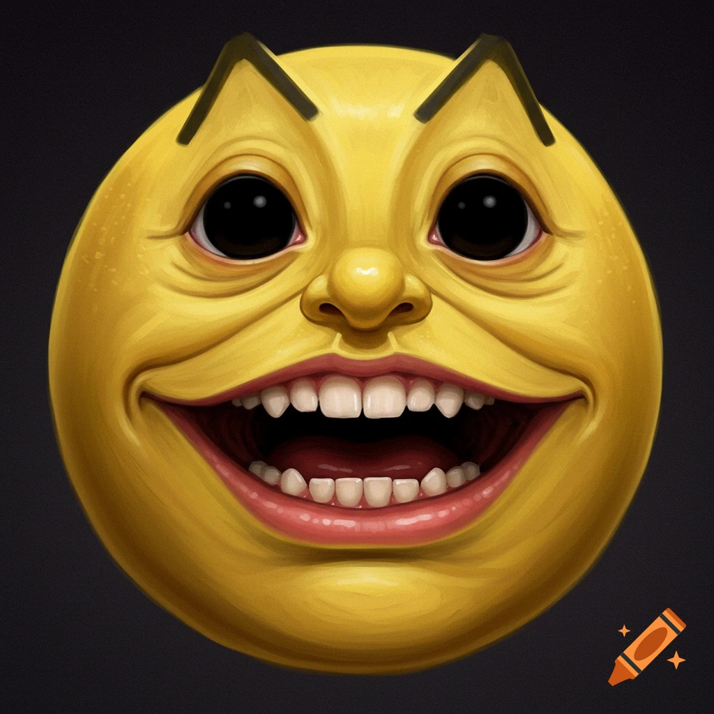 A realistic, creepy Pac-Man face with humanoid teeth and wrinkles.