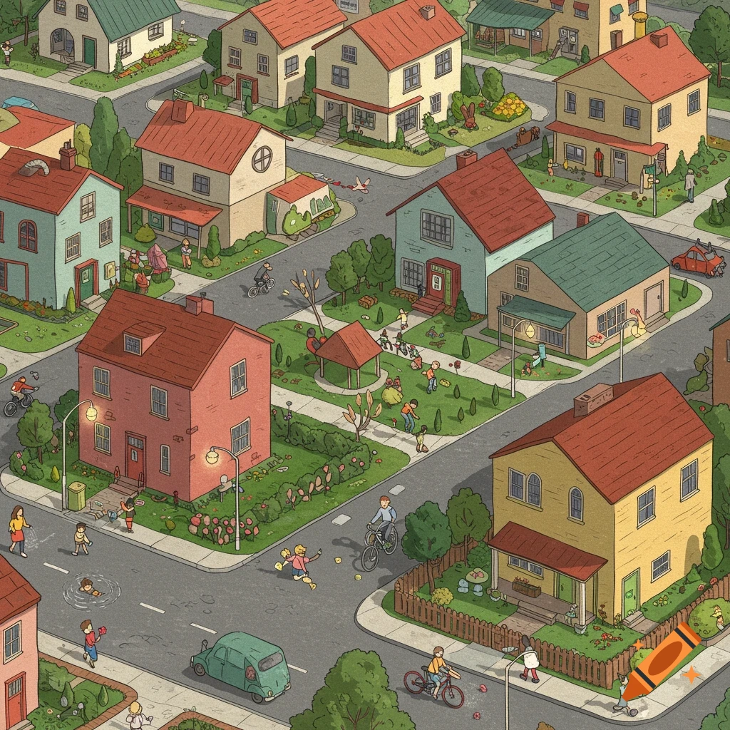 Isometric cartoon illustration of a busy neighborhood with houses, cars, and many people playing and interacting.