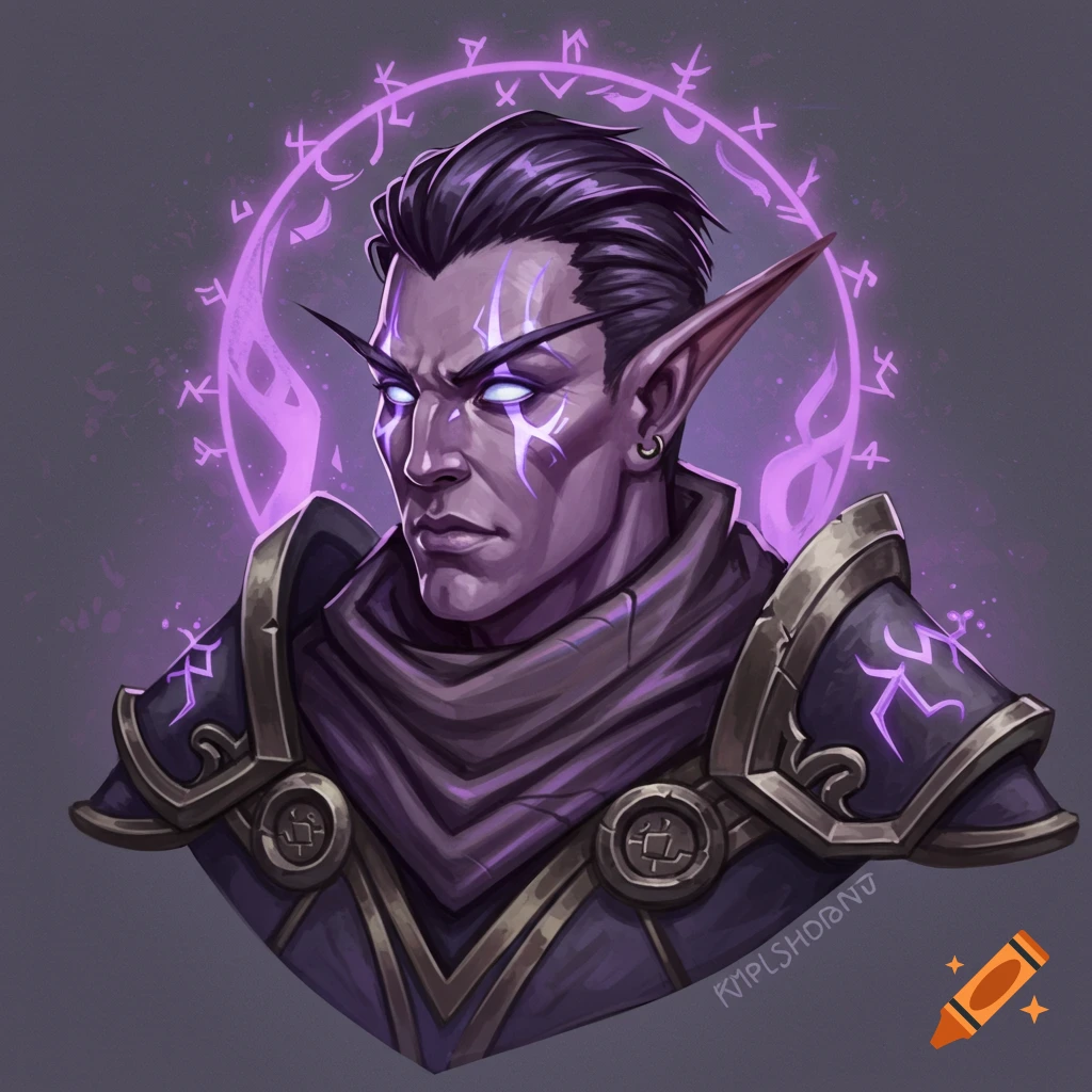 Portrait of a male Nightborne elf with glowing eyes and purple face tattoos, wearing armor, with a purple magical circle behind him.