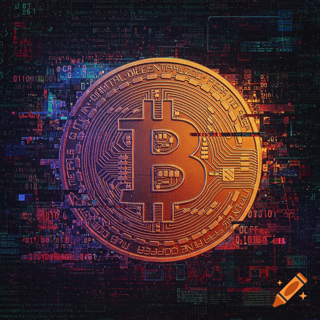 A golden Bitcoin symbol with circuitry on a dark background with glitchy digital code.