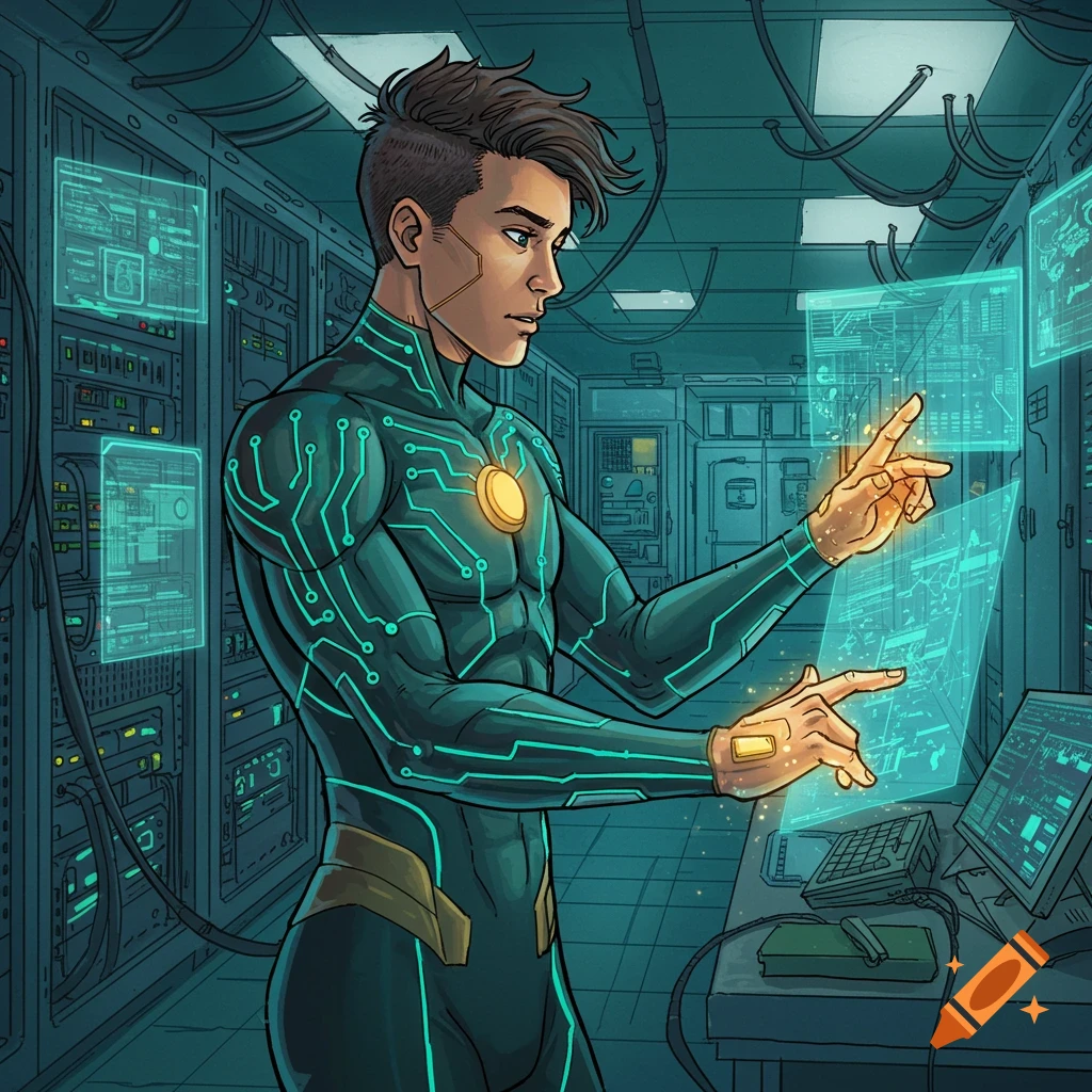 A superhero in a server room interacting with holographic screens.
