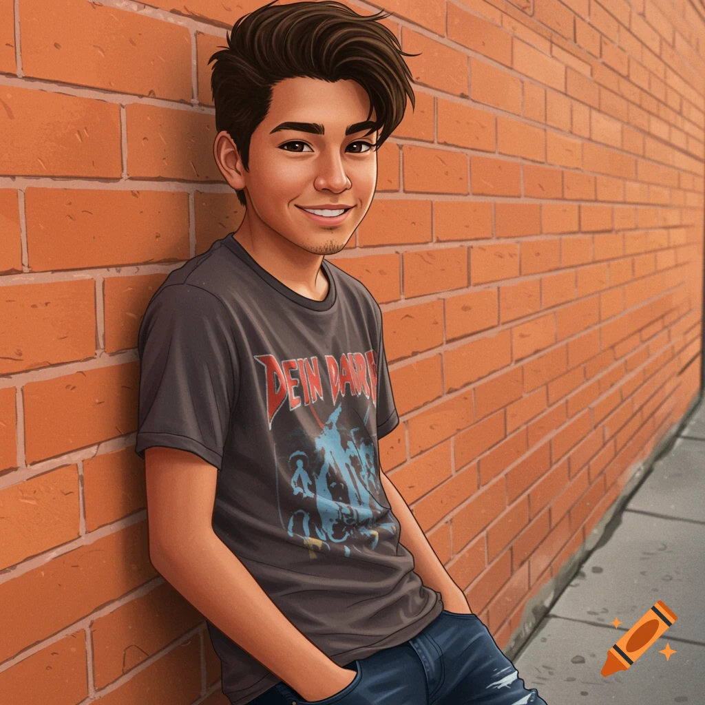 A smiling young man with dark hair leans against a brick wall.