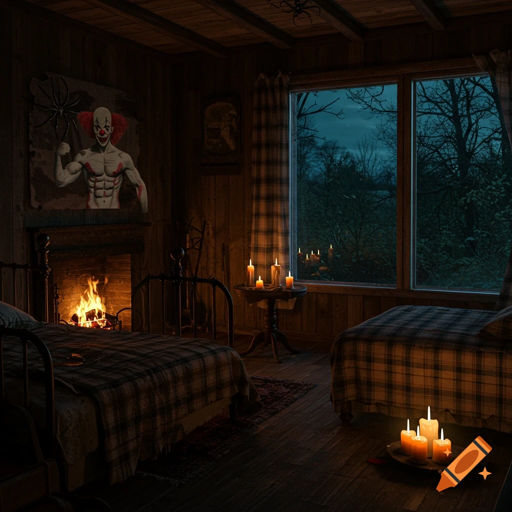 A dimly lit room with a fireplace, beds, candles, a dark window view, and a painting of a muscular clown.