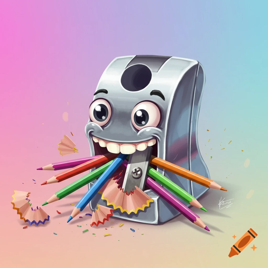 A smiling anthropomorphic pencil sharpener with colorful pencils sticking out of its mouth, surrounded by shavings.