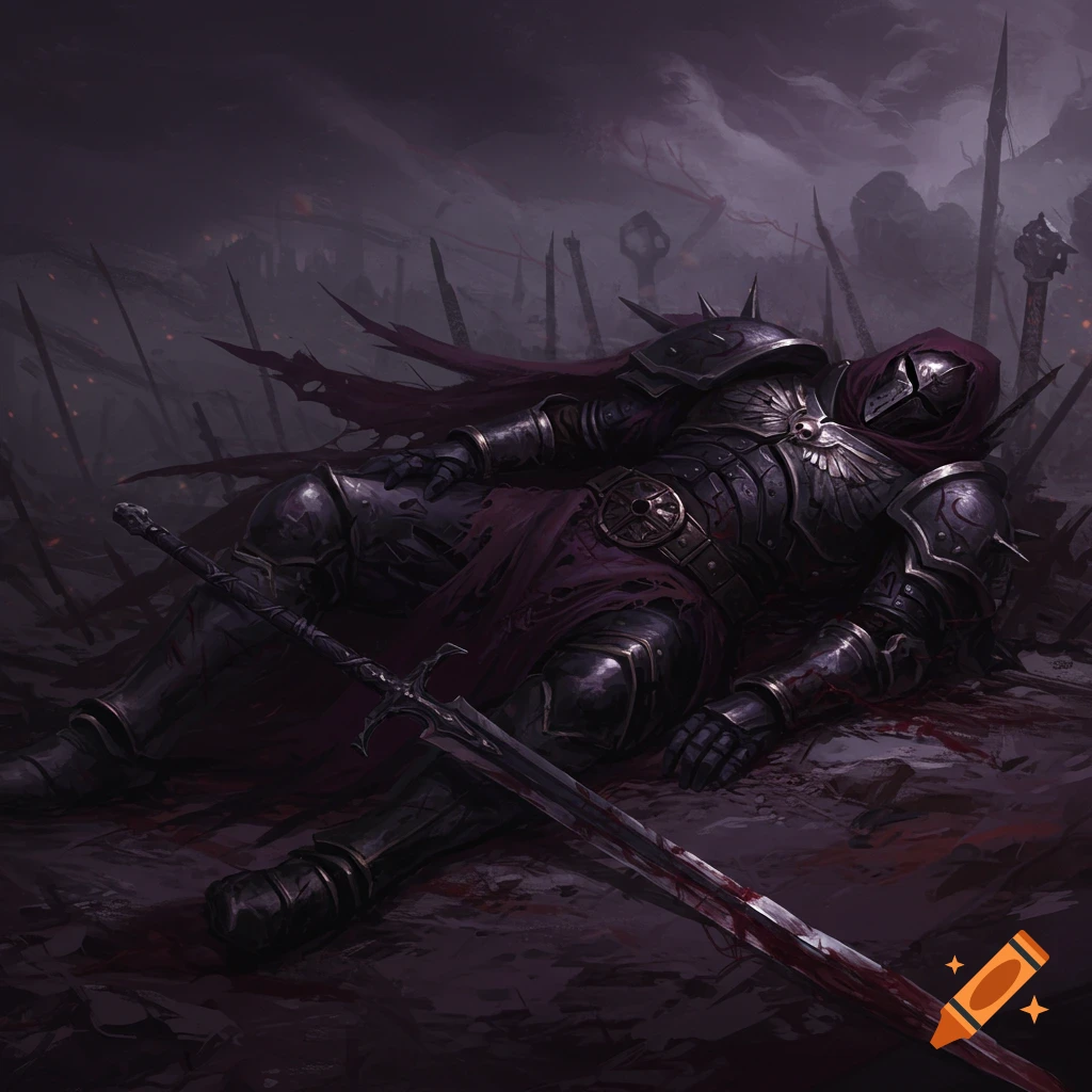 A fallen knight in dark armor lies dead in a blood-soaked field with a sword.