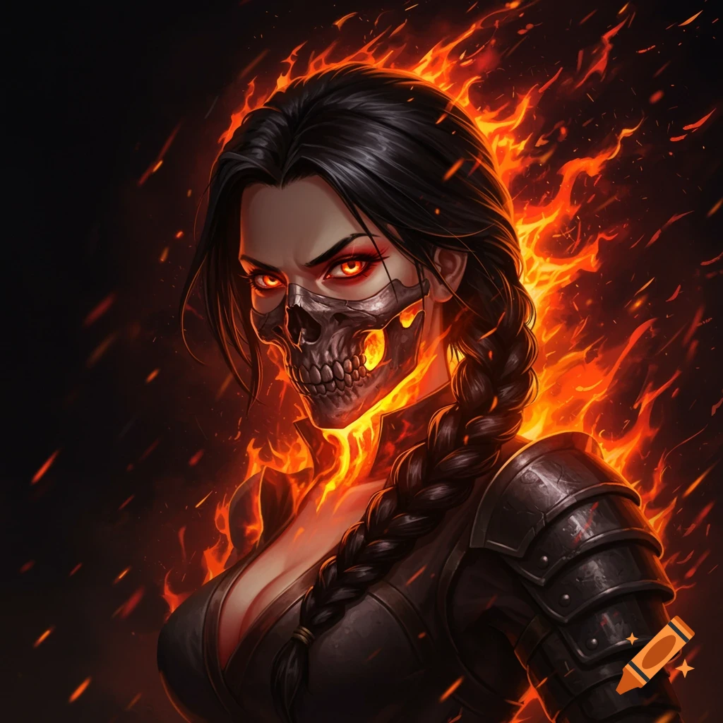 A dark fantasy woman villain is shown with a skull mask, fiery eyes, and fire surrounding her.