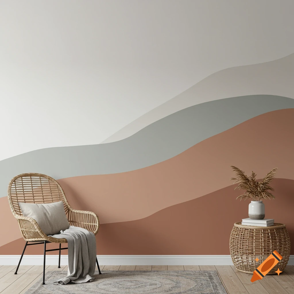 An interior room with a wicker chair and side table against a wall with a large abstract mural of wavy color bands.