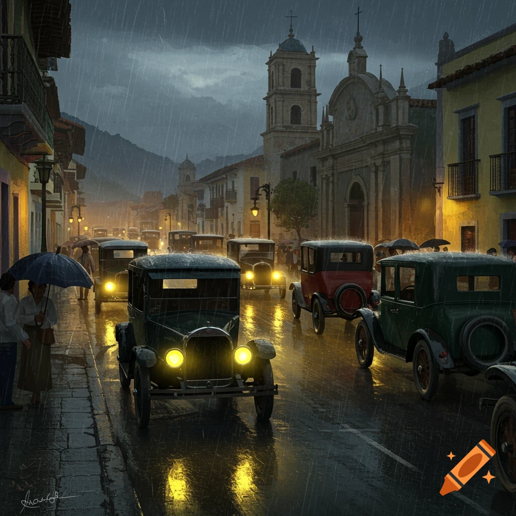 A rainy Latin American city street in the early 20th century with classic cars in traffic and people with umbrellas.