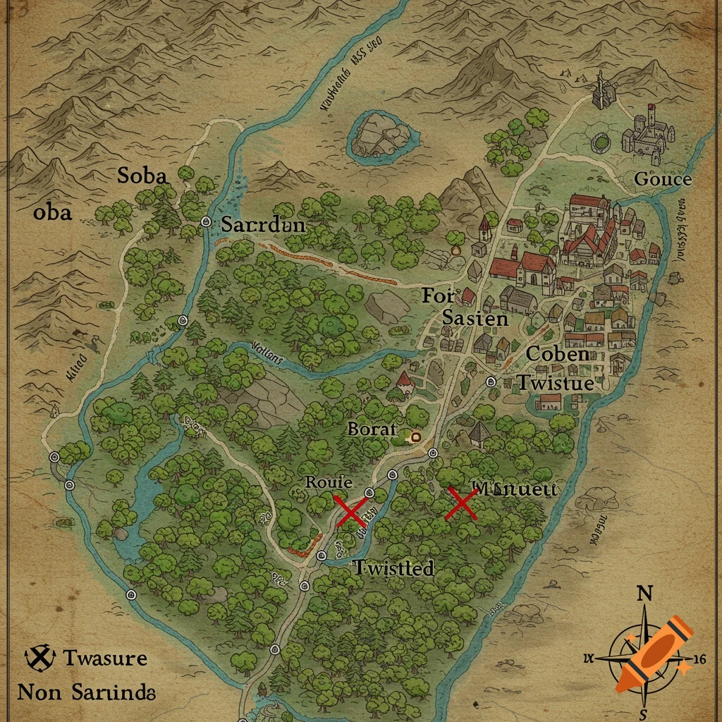 Hand-drawn fantasy map showing towns, rivers, forest, and roads with place labels and compass.