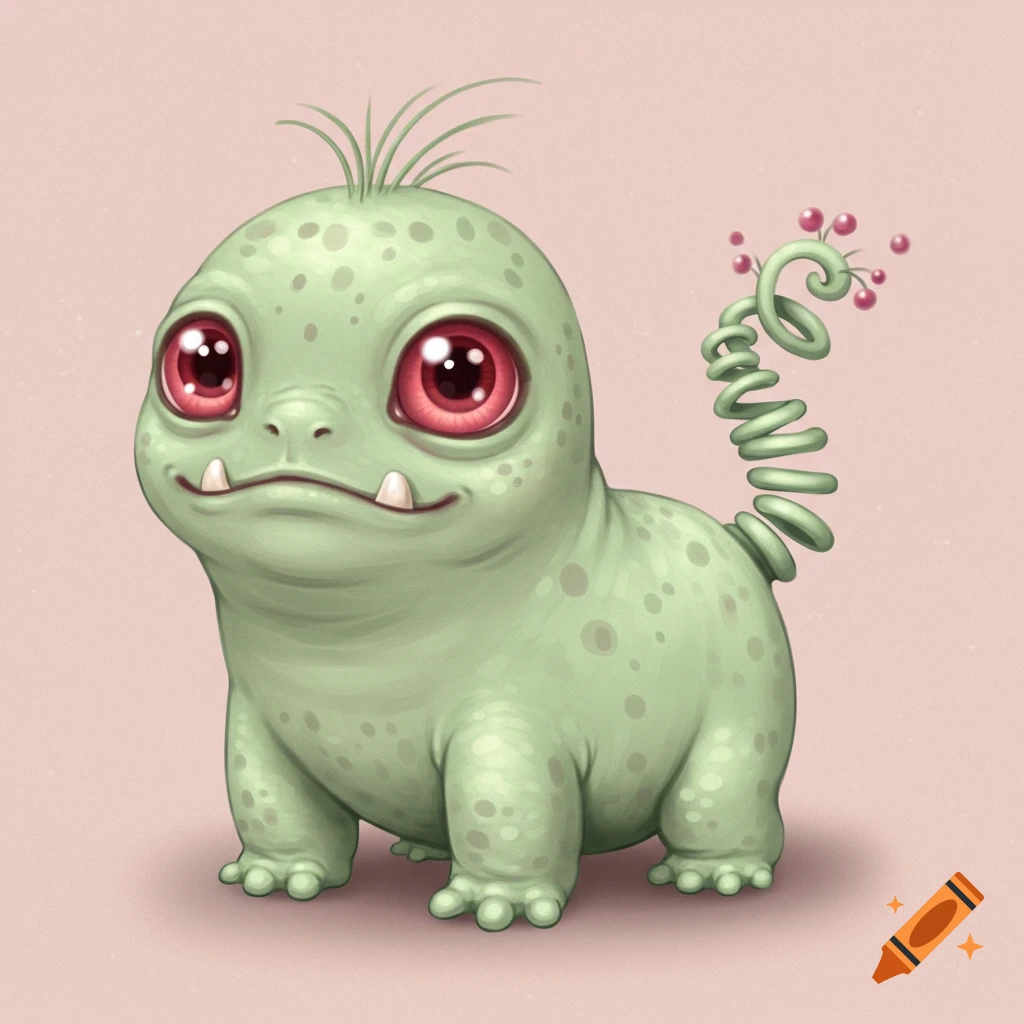 A cute pastel green monster with big red eyes and a spring-like tail.
