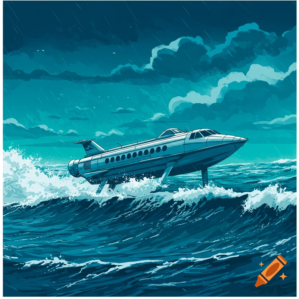 Dramatic illustration of a hydrofoil jet speeding through stormy blue-green seas.