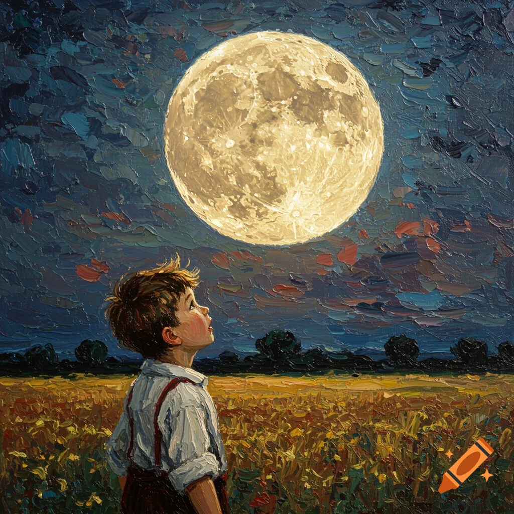 Post-impressionist painting of a young boy gazing up at a large moon in a field at night.