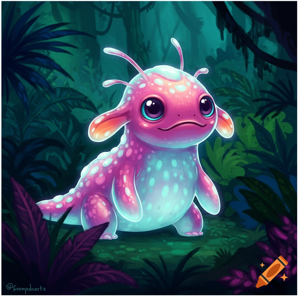 A cute pink and blue fantasy creature stands in a dark forest, digital art style.