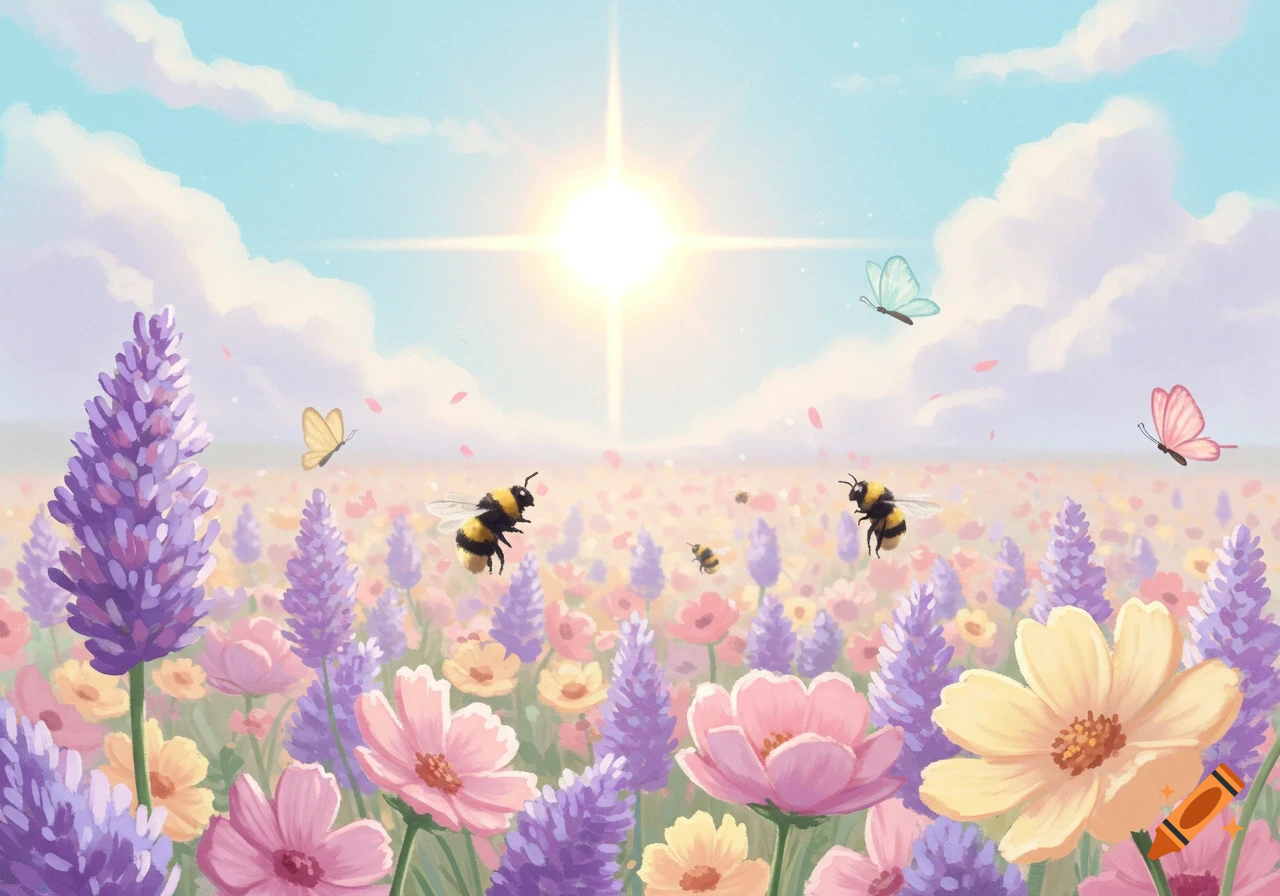 A vibrant scene of bees and butterflies fluttering among pastel flowers in a sunlit field.