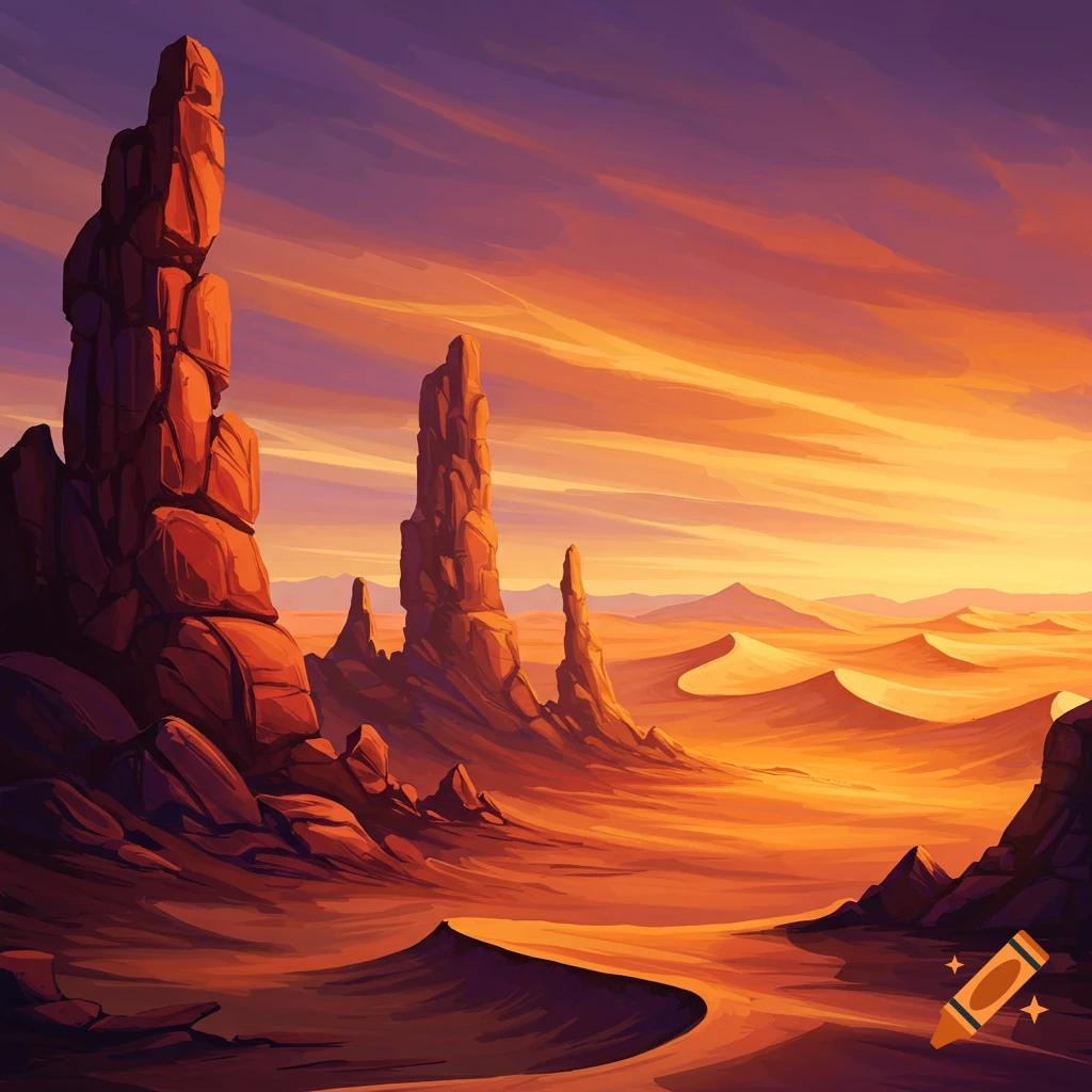 A desert landscape featuring prominent rock formations and expansive sand dunes, all bathed in the warm hues of an orange and purple sky.