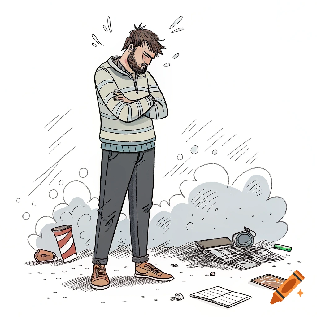 Sketchy illustration of a stressed man standing in a mess with arms crossed.