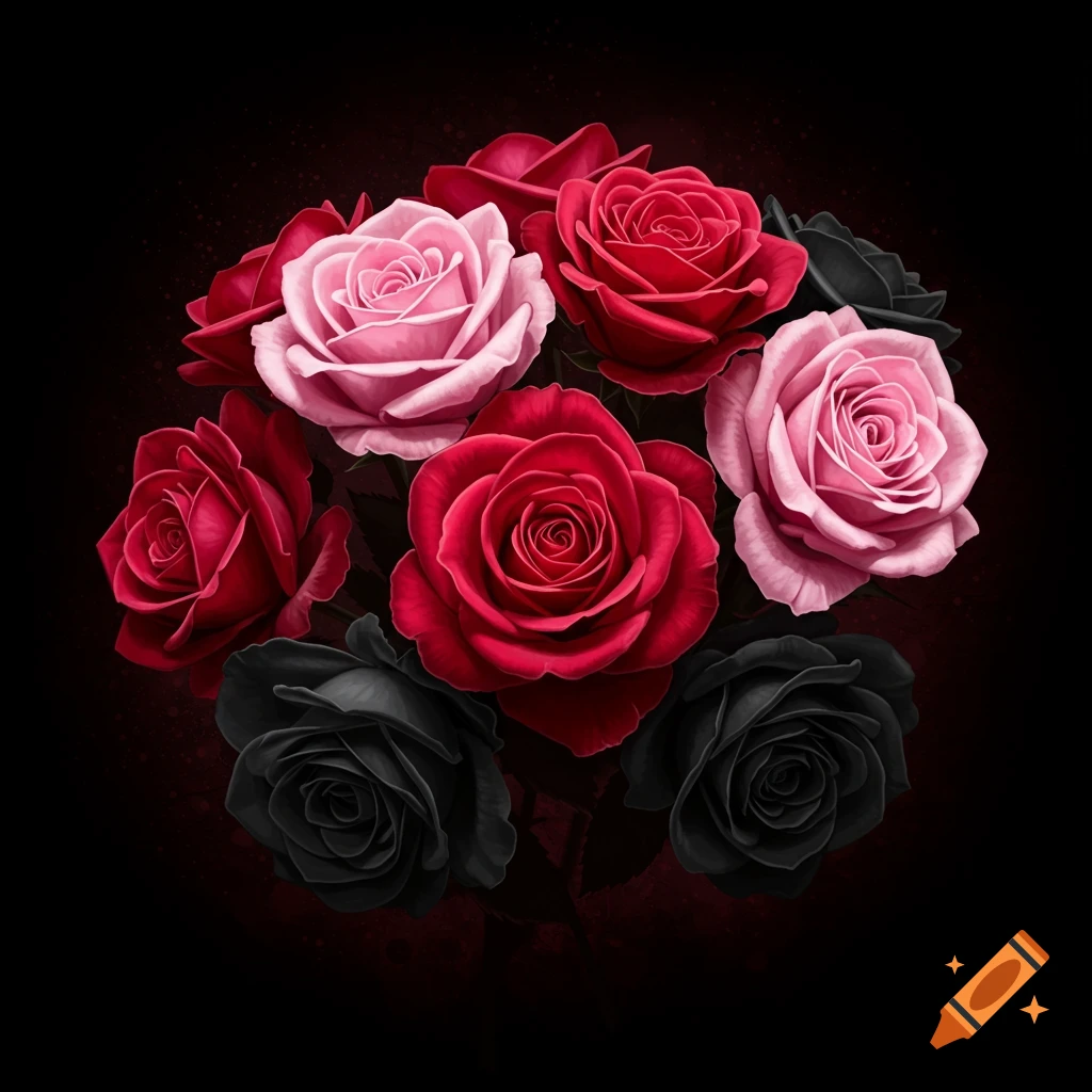 A bouquet of red, pink, and black roses on a dark background.