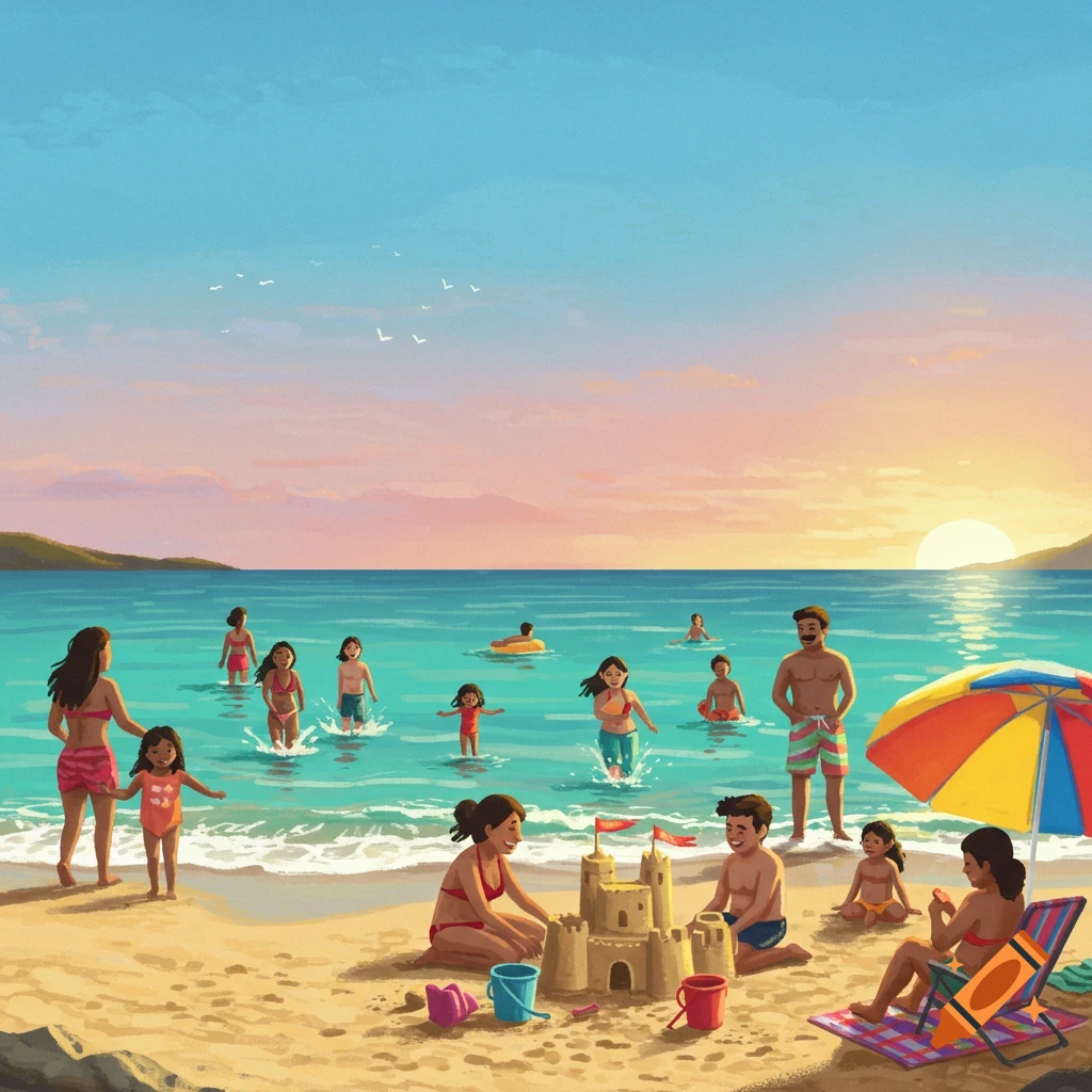 People swimming, playing in the sand, and relaxing under an umbrella on a beach at sunset.