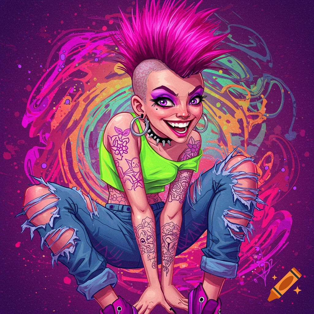 A vibrant image of a smiling punk woman with a pink mohawk, tattoos, and ripped jeans, against a colorful background.