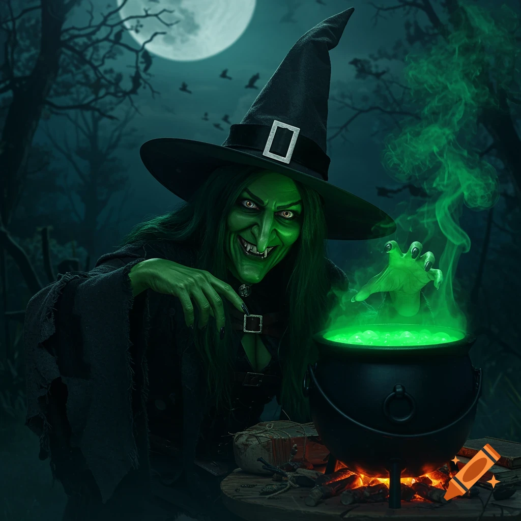 Green-skinned witch with a pointed hat stirring a bubbling green cauldron in a dark forest under a full moon.
