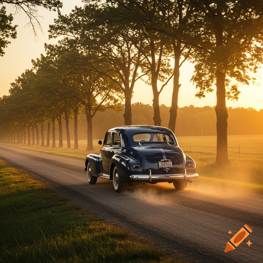 A vintage dark blue car drives on a dusty dirt road lined with trees at sunset.
