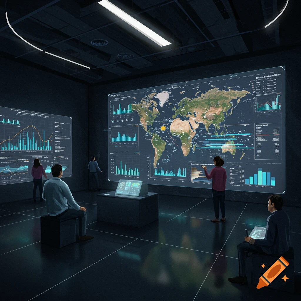 People in a modern control room viewing large screens displaying maps and data charts.