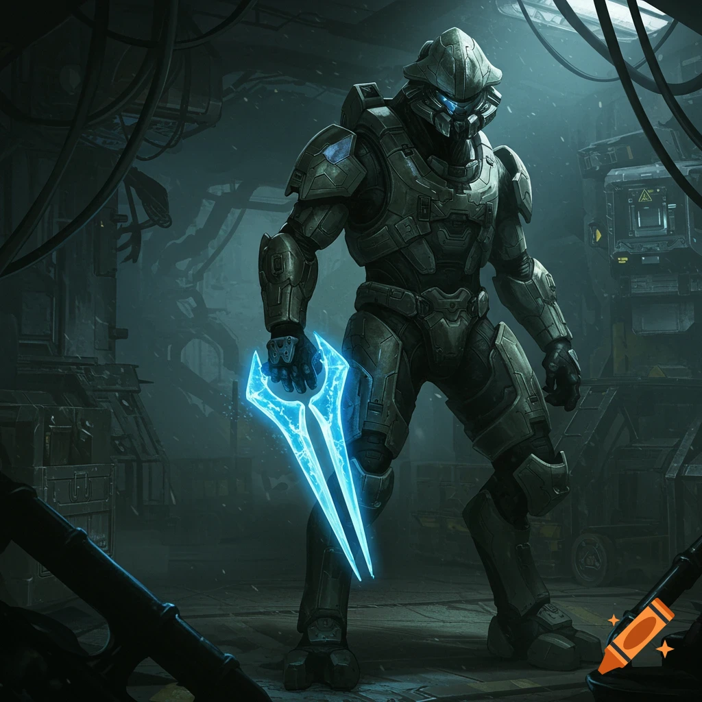 An armored sci-fi soldier holds a glowing blue energy sword in a dark industrial room.