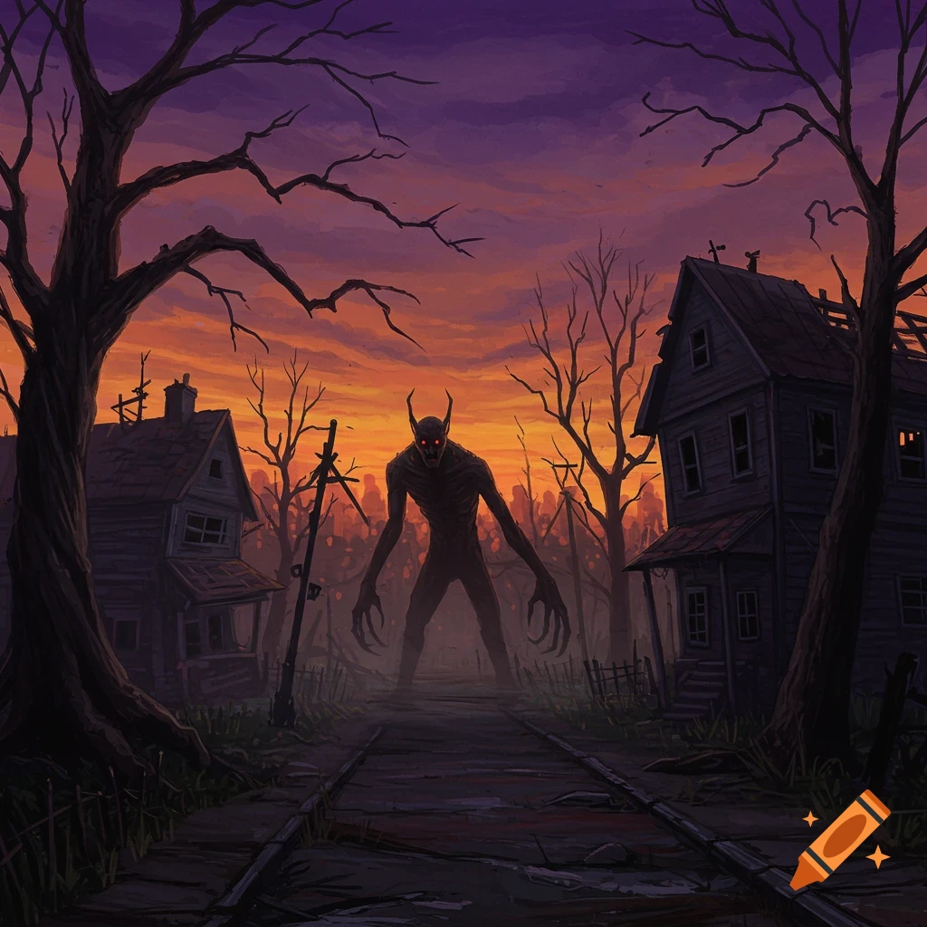 A dark creature with glowing eyes and long arms stalks a ruined town under an orange and purple sunset sky.