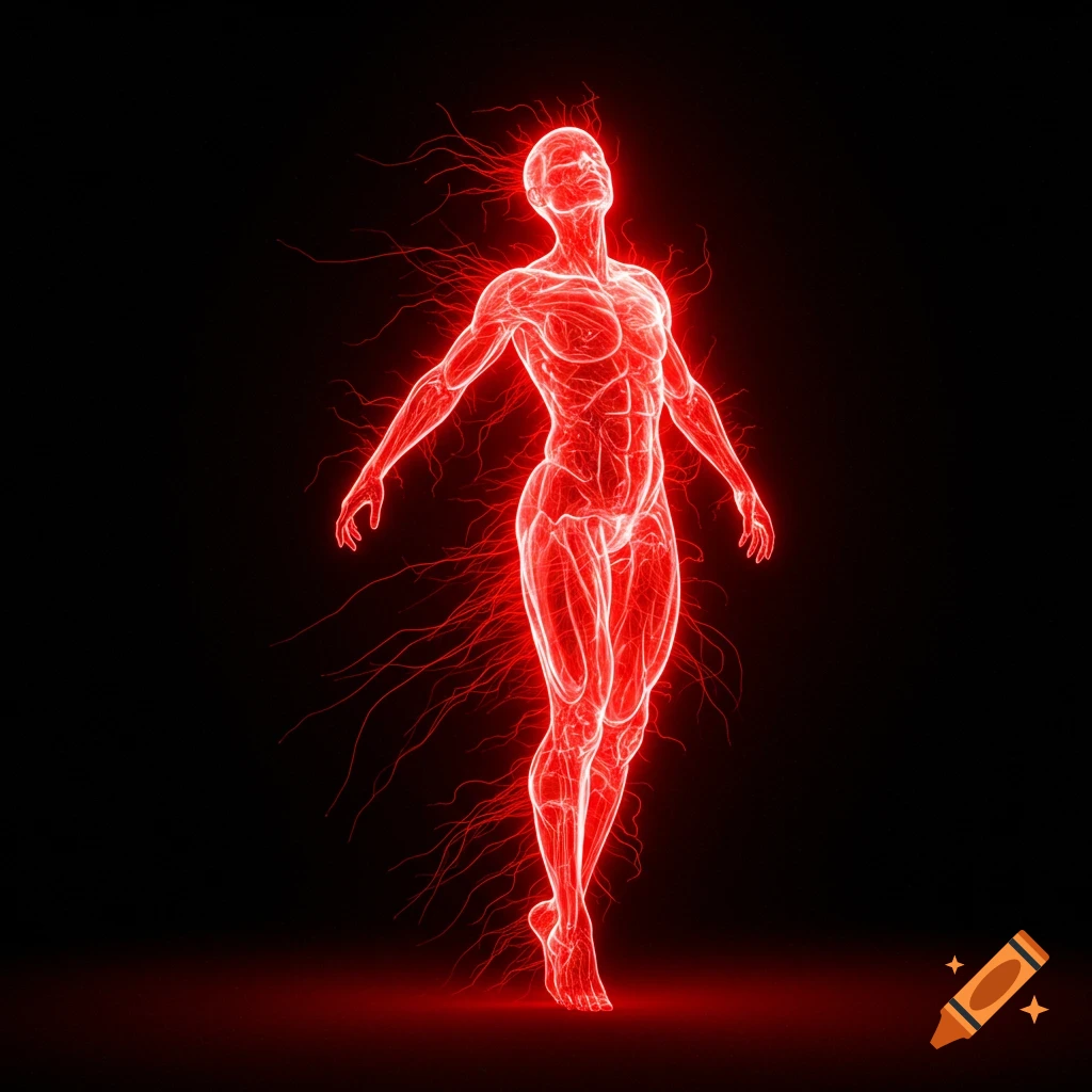A human figure made of glowing red light on a black background.