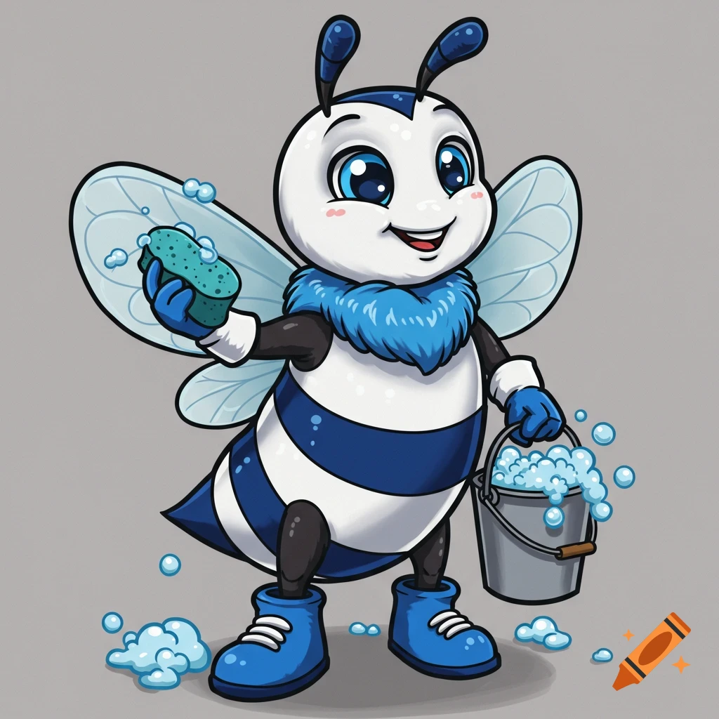 A cartoon blue and white bee mascot holds a cleaning sponge and a bucket of soapy water.