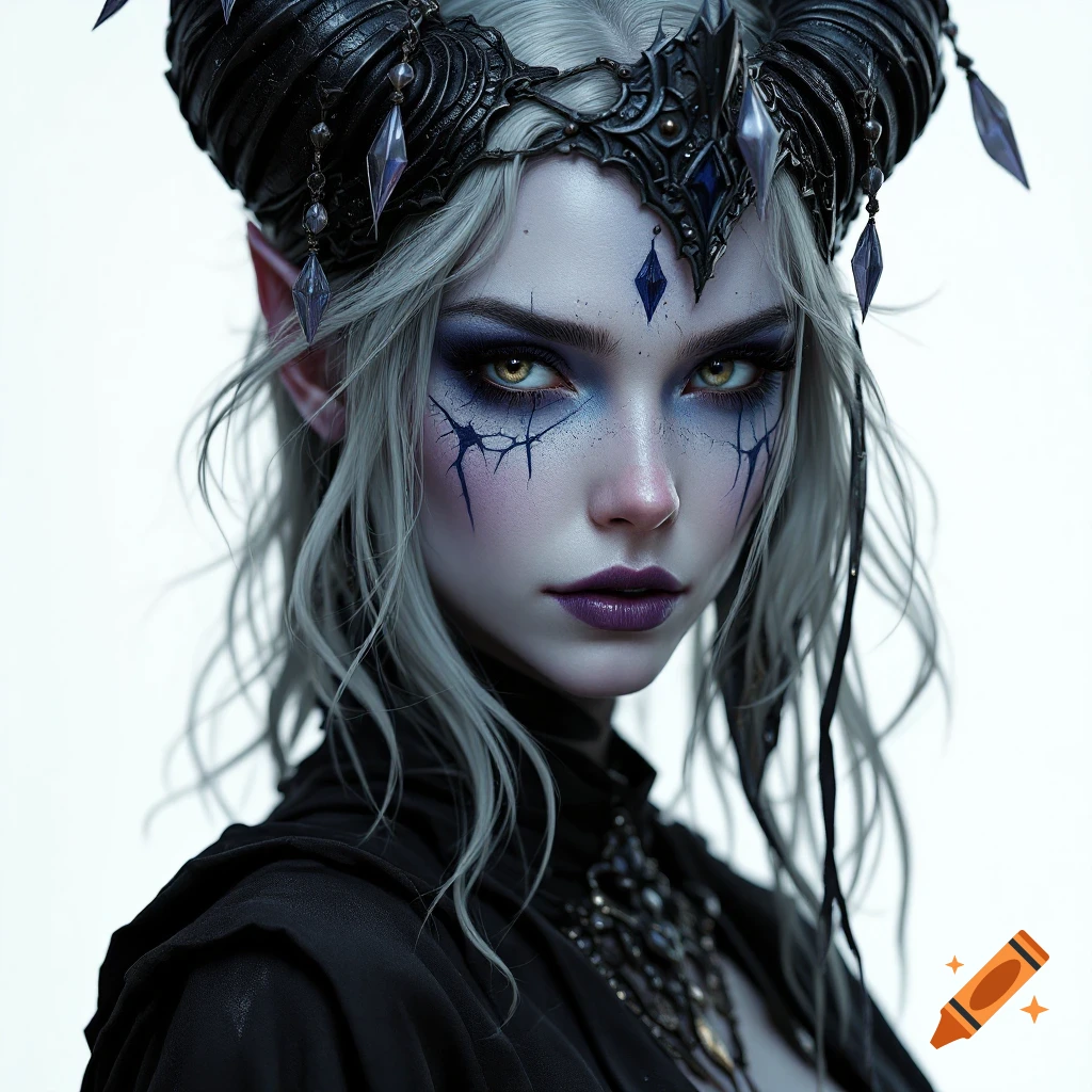 Photorealistic portrait of a female dark elf with elaborate headdress and makeup.