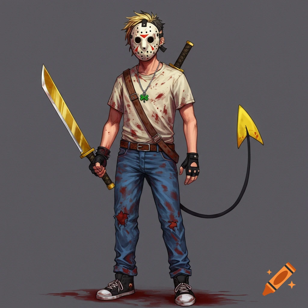 A character in a Jason mask, bloodstained shirt, jeans, holding a golden sword, with a black devil tail.