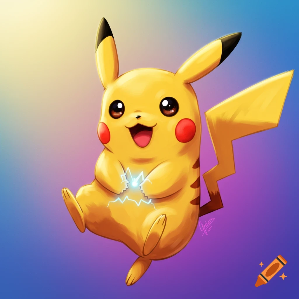Pikachu floating and holding a ball of lightning.