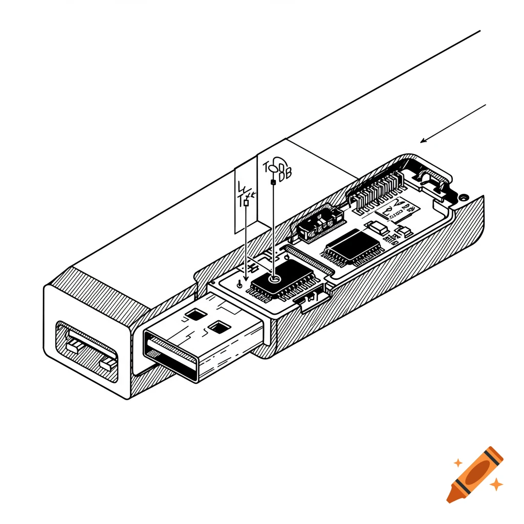 Black and white technical drawing of a dissected flash drive circuit board.