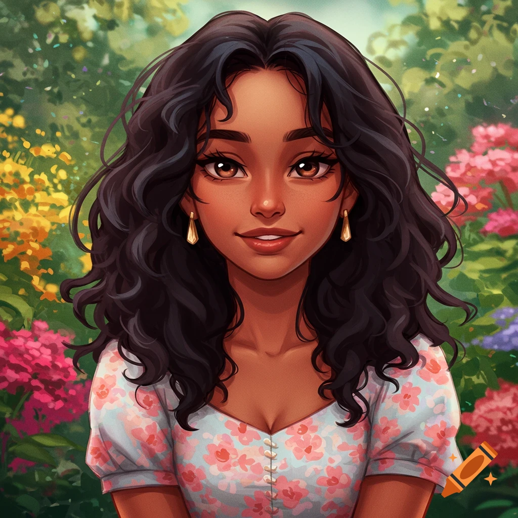 Young woman with dark curly hair and a floral top smiling in a garden.