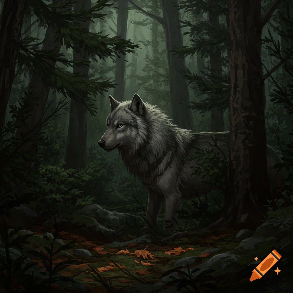 A grey wolf stands in a dark, foggy forest.