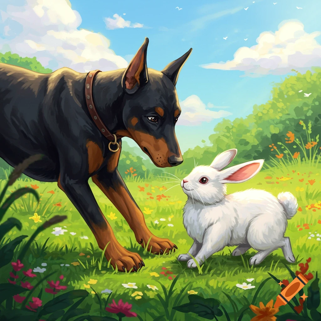 A Doberman looks at a white rabbit in a field of flowers.