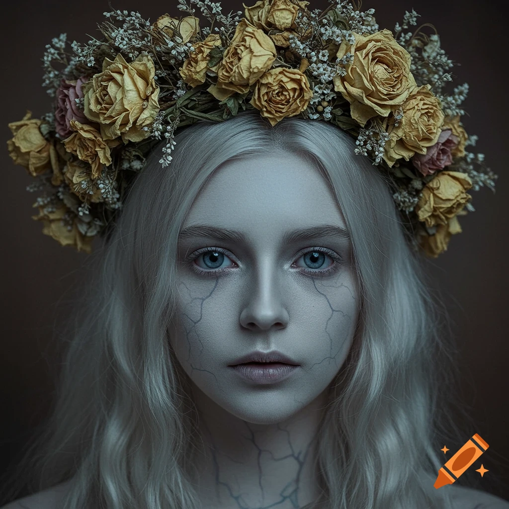 Portrait of a woman with pale skin and a dried flower crown.